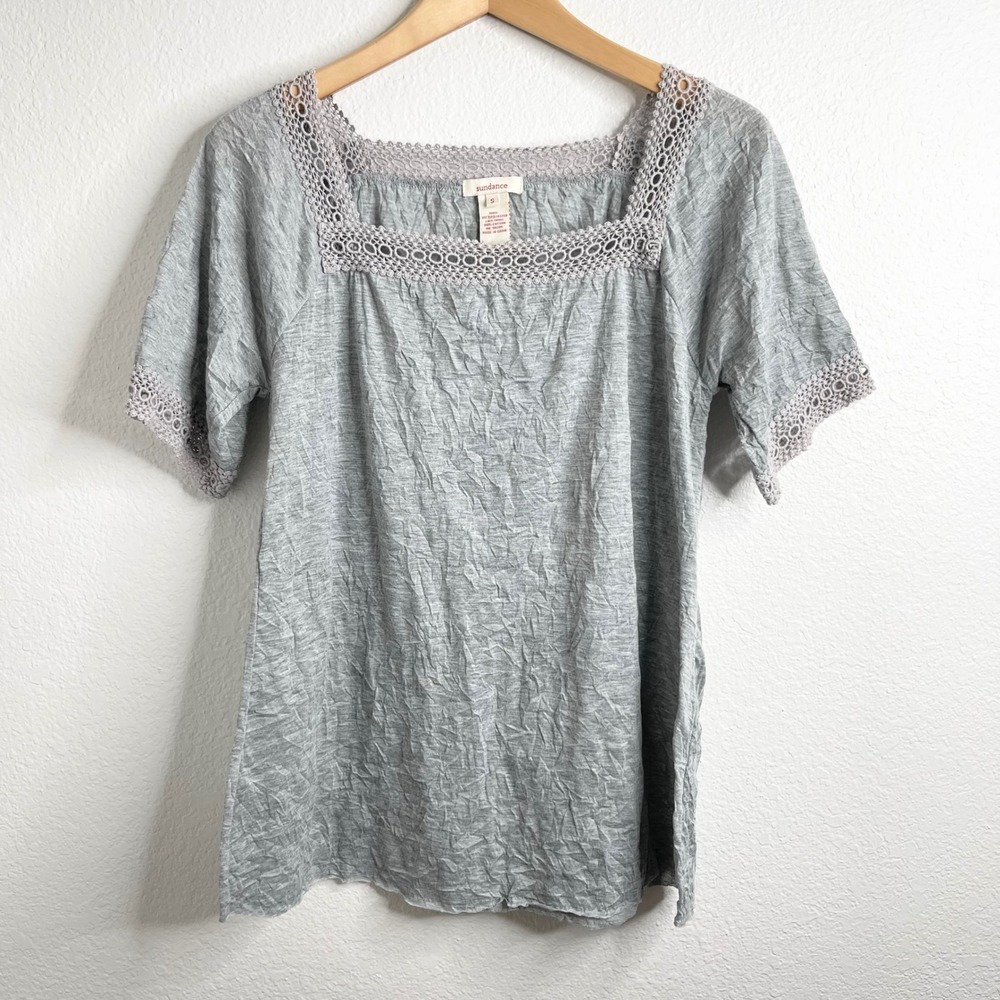 Sundance Grey‎ Crinkle Crochet Lace Trim Square Neck Short Sleeve Top Small Boho